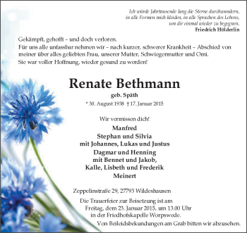 Todesanzeige von Renate Bethmann von KRZ