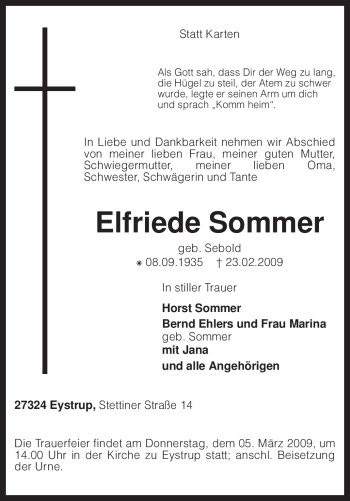 Todesanzeige von Elfriede Sommer von KREISZEITUNG SYKE