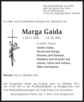 Todesanzeige von Marga Gaida von KREISZEITUNG SYKE