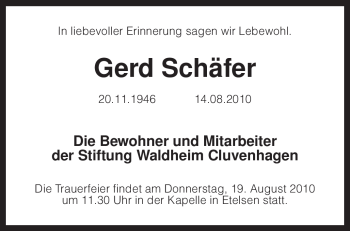 Todesanzeige von Gerd Schäfer von KREISZEITUNG SYKE