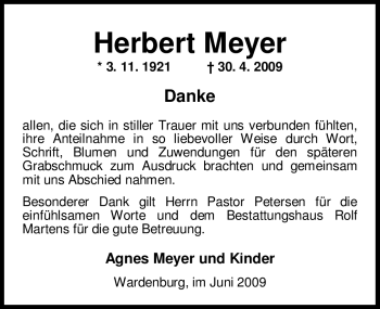 Todesanzeige von Herbert Meyer von KREISZEITUNG SYKE
