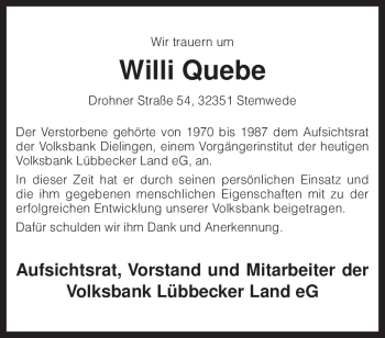 Todesanzeige von Willi Quebe von KREISZEITUNG SYKE
