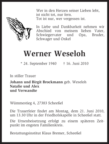 Todesanzeige von Werner Weseloh von KREISZEITUNG SYKE