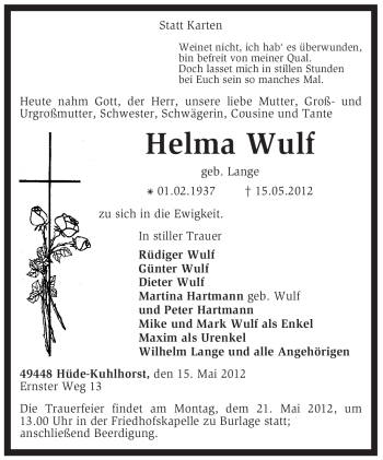 Todesanzeige von Helma Wulf von KREISZEITUNG SYKE
