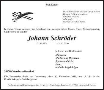 Todesanzeige von Johann Schröder von KREISZEITUNG SYKE