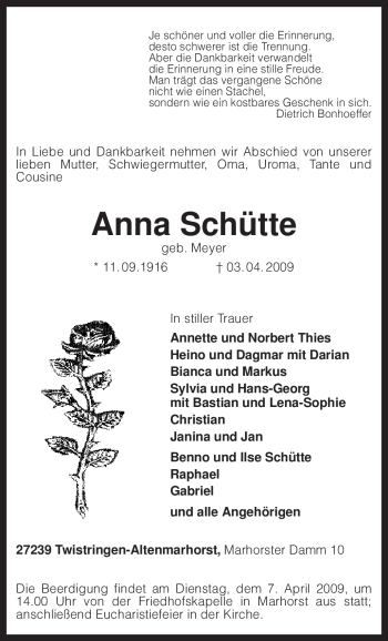 Todesanzeige von Anna Schütte von KREISZEITUNG SYKE