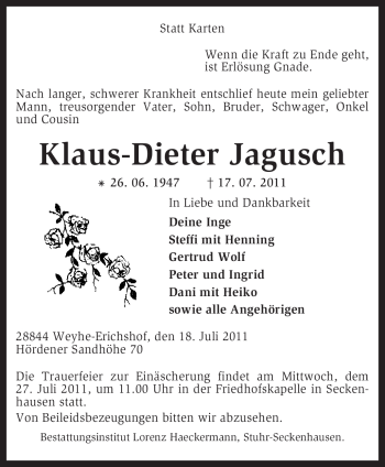 Todesanzeige von Klaus-Dieter Jagusch von KREISZEITUNG SYKE