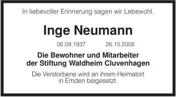 Todesanzeige von Inge Neumann von KREISZEITUNG SYKE