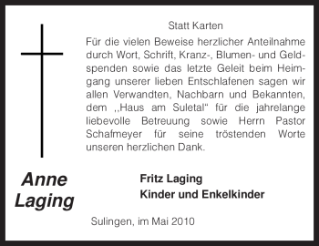 Todesanzeige von Anne Laging von KREISZEITUNG SYKE
