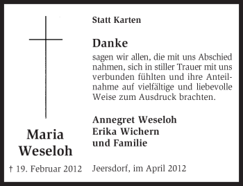 Todesanzeige von Maria Weseloh von KREISZEITUNG SYKE