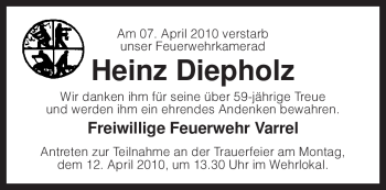 Todesanzeige von Heinz Diepholz von KREISZEITUNG SYKE