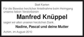 Todesanzeige von Manfred Knüppel von KREISZEITUNG SYKE