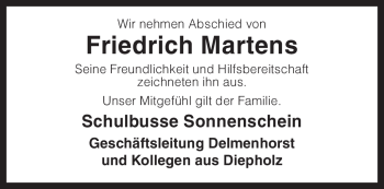Todesanzeige von Friedrich Martens von KREISZEITUNG SYKE