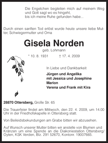 Todesanzeige von Gisela Norden von KREISZEITUNG SYKE