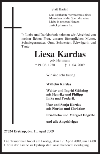 Todesanzeige von Liesa Kardas von KREISZEITUNG SYKE