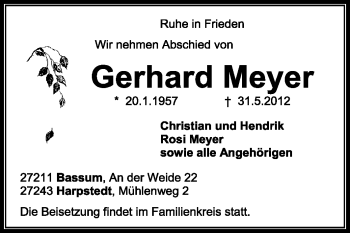 Todesanzeige von Gerhard Meyer von KREISZEITUNG SYKE