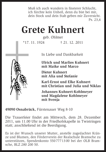 Todesanzeige von Grete Kuhnert von KREISZEITUNG SYKE