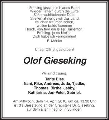 Todesanzeige von Olof Gieseking von KREISZEITUNG SYKE