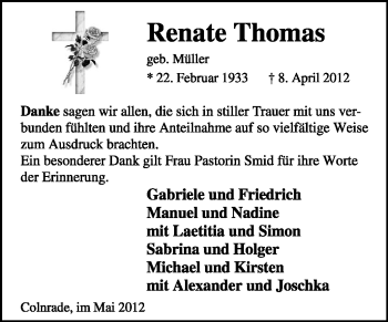 Todesanzeige von Renate Thomas von KREISZEITUNG SYKE