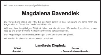Todesanzeige von Magdalena Bavendiek von KREISZEITUNG SYKE