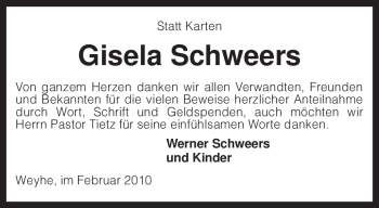 Todesanzeige von Gisela Schweers von KREISZEITUNG SYKE