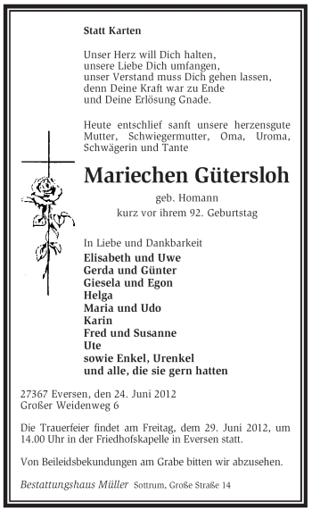 Todesanzeige von Mariechen Gütersloh von KREISZEITUNG SYKE