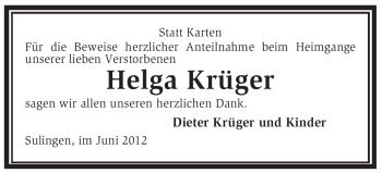 Todesanzeige von Helga Krüger von KREISZEITUNG SYKE