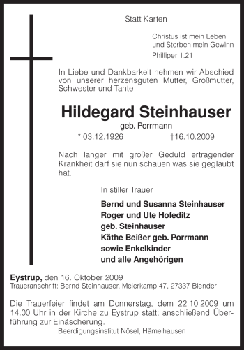 Todesanzeige von Hildegard Steinhauser von KREISZEITUNG SYKE