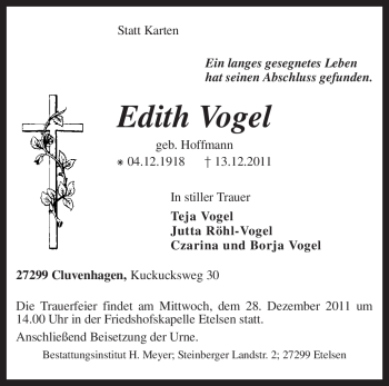 Todesanzeige von Edith Vogel von KREISZEITUNG SYKE
