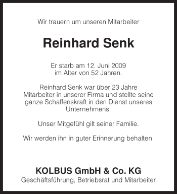 Todesanzeige von Reinhard Senk von KREISZEITUNG SYKE