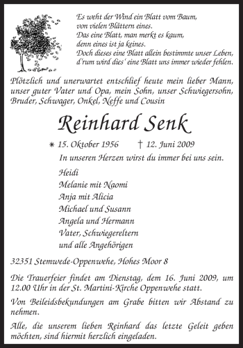 Todesanzeige von Reinhard Senk von KREISZEITUNG SYKE