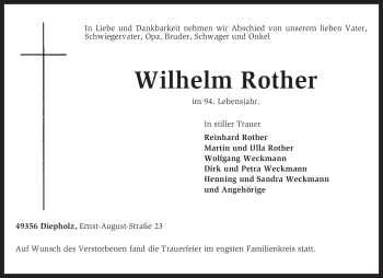 Todesanzeige von Wilhelm Rother von KREISZEITUNG SYKE