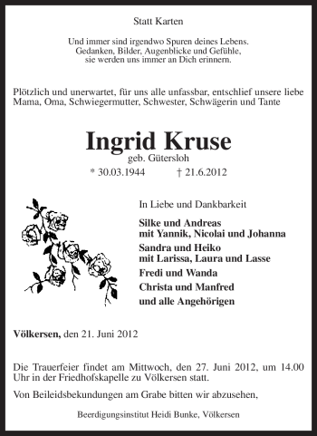 Todesanzeige von Ingrid Kruse von KREISZEITUNG SYKE