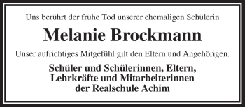 Todesanzeige von Melanie Brockmann von KREISZEITUNG SYKE