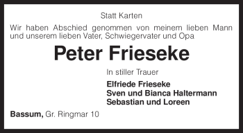 Todesanzeige von Peter Frieseke von KREISZEITUNG SYKE
