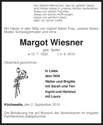 Todesanzeige von Margot Wiesner von KREISZEITUNG SYKE