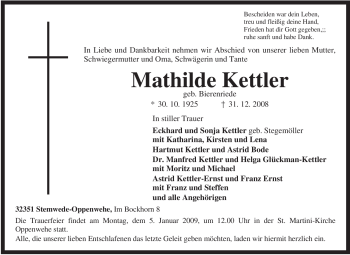 Todesanzeige von Mathilde Kettler von KREISZEITUNG SYKE