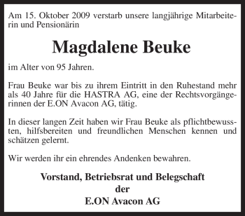 Todesanzeige von Magdalene Beuke von KREISZEITUNG SYKE