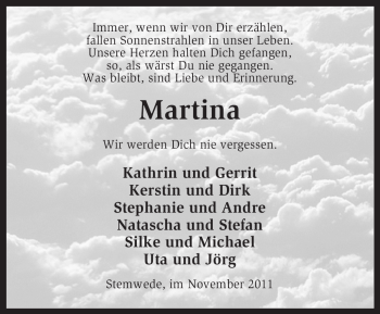 Todesanzeige von Martina Unbekannt von KREISZEITUNG SYKE