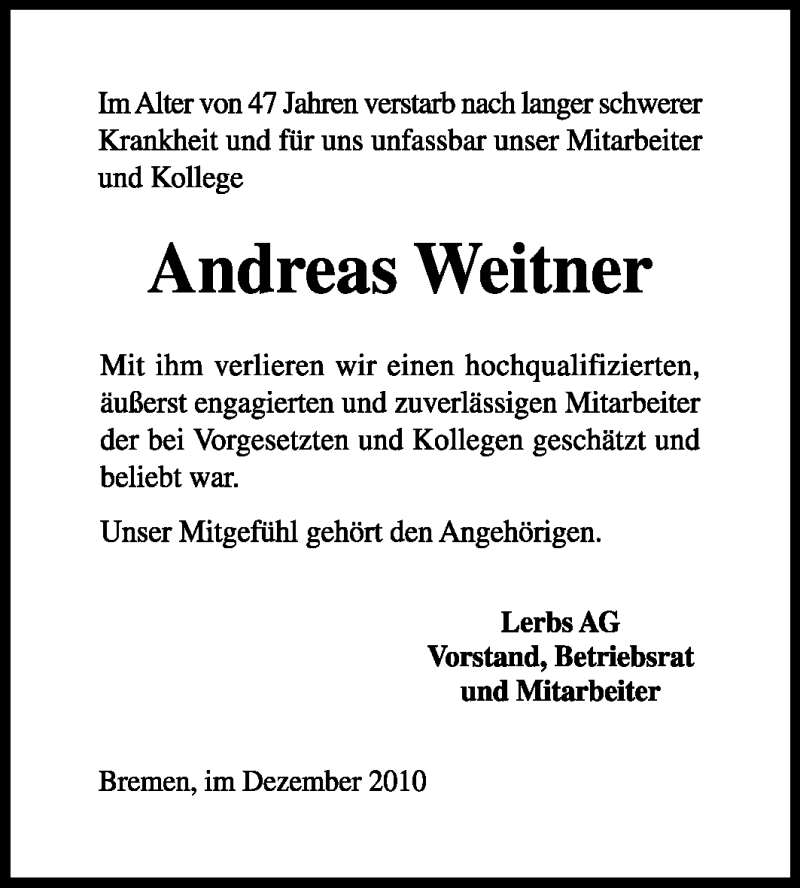  Traueranzeige für Andreas Weitner vom 03.12.2010 aus KREISZEITUNG SYKE
