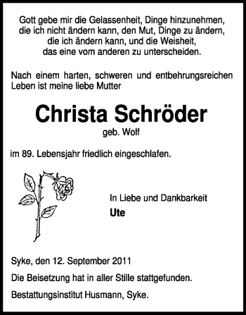 Todesanzeige von Christa Schröder von KREISZEITUNG SYKE