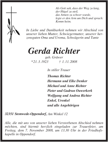 Todesanzeige von Gerda Richter von KREISZEITUNG SYKE