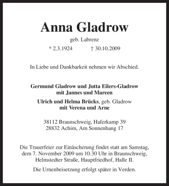 Todesanzeige von Anna Gladrow von KREISZEITUNG SYKE