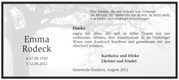 Todesanzeige von Emma Rodeck von KREISZEITUNG SYKE