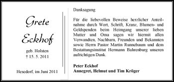 Todesanzeige von Grete Eckhof von KREISZEITUNG SYKE