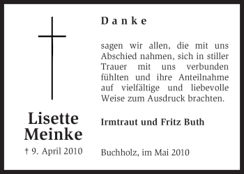 Todesanzeige von Lisette Meinke von KREISZEITUNG SYKE