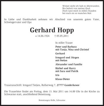 Todesanzeige von Gerhard Hopp von KREISZEITUNG SYKE