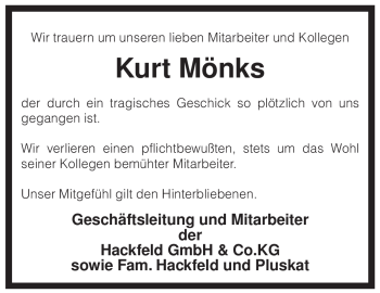 Todesanzeige von Kurt Mönks von KREISZEITUNG SYKE