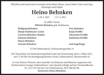 Todesanzeige von Heino Behnken von KREISZEITUNG SYKE