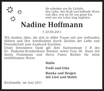 Todesanzeige von Nadine Hoffmann von KREISZEITUNG SYKE
